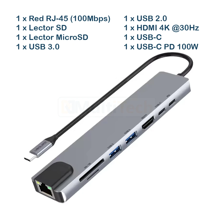 Hub Tipo-C 8-en-1 para MacBook y laptop