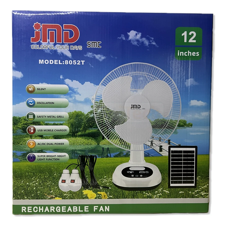 Ventilador de mesa JMD 12" con panel solar y luces
